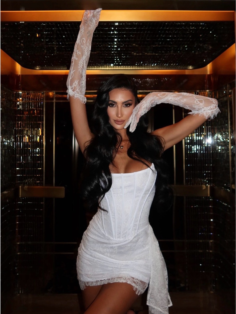Fashion Nova White Lace Corset Mini with Matching Lace Gloves